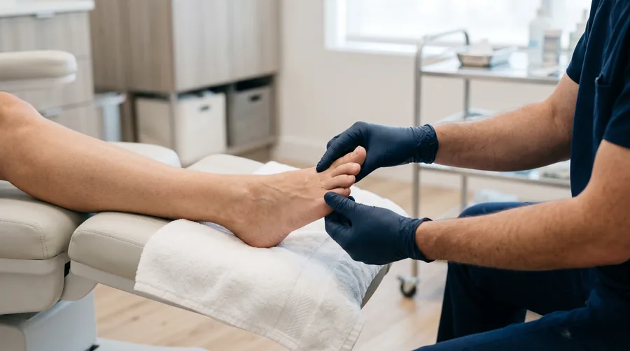 A podiatrist examining a patient's foot
