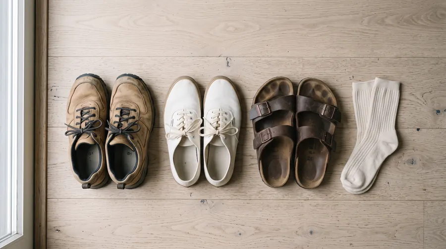 Three pairs of everyday shoes on a wooden floor