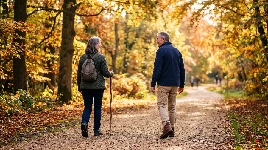 Two people walking a gravel path in a park