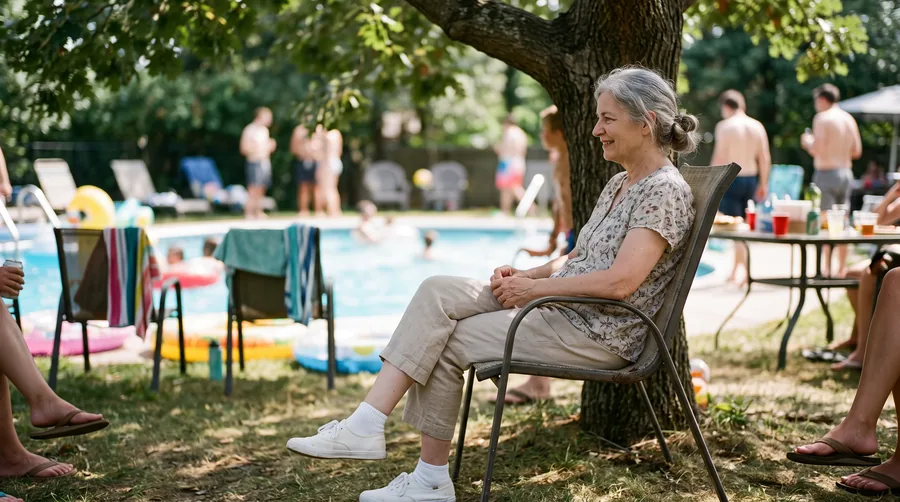 Woman sitting in sneakers and socks at the edge of a backyard pool party