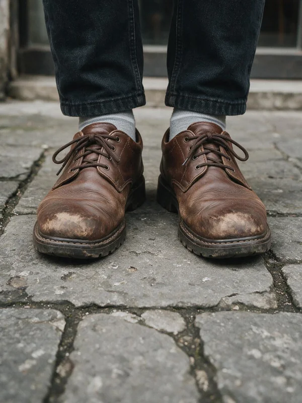 Worn leather work shoes on a pavement